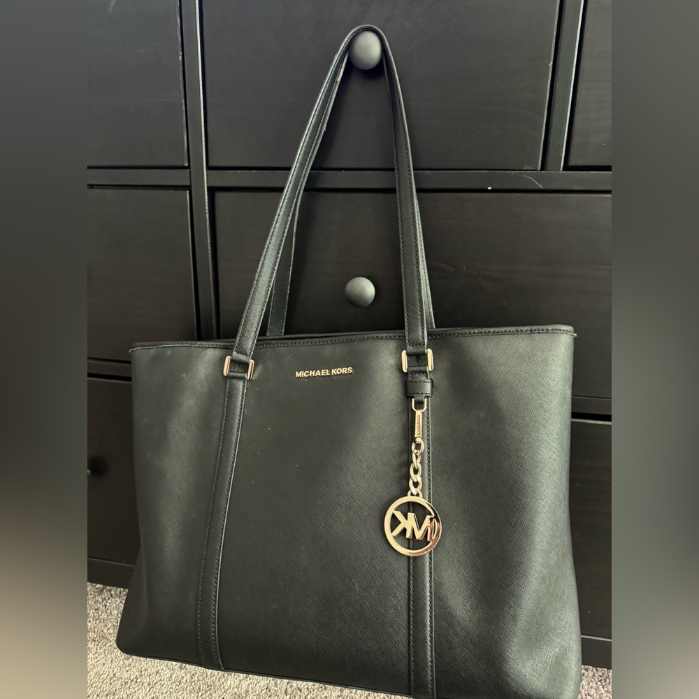 Michael Kors Black Saffiano Leather Tote with Gold Charm